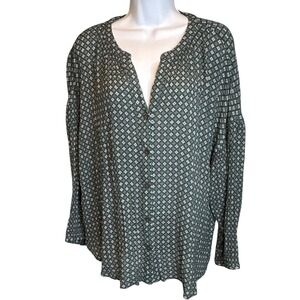 J Jill‎ Women Green White Blouse Sz 2X Button Up Long Sleeve Top Cottagecore